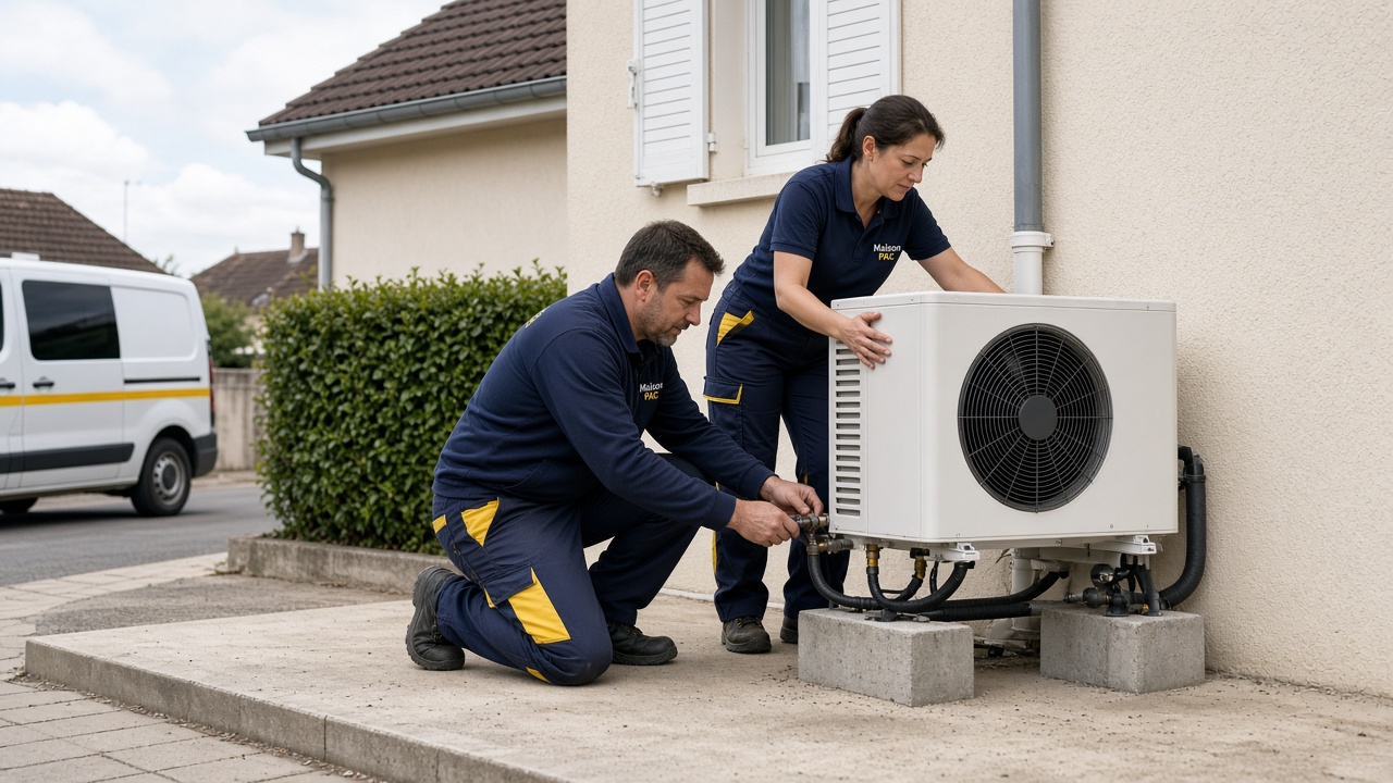 Deux techniciens qui posent une pompe à chaleur extérieure.