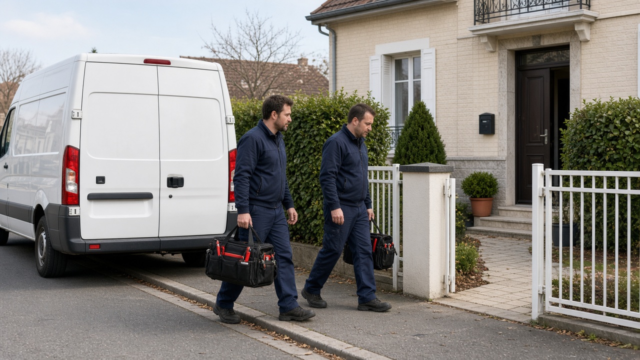 Van de techniciens qui arrive devant une maison, créneau fixé.